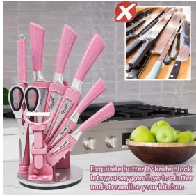 Kitchen Knife Set, 9PC Pink Wheat Straw Sharp Cooking Knife Set with Acrylic Stand, with Comfortable Handle for Slicing Cutting Peeling Chopping