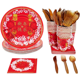 144 Pieces Chinese New Year Party Supplies - Serves 24 Paper Plates, Napkins, Cups, and Cutlery for 2024 Lunar New Year Decorations