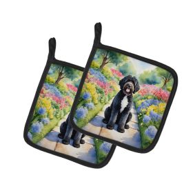 Portuguese Water Dog Spring Path Pair of Pot Holders Kitchen Heat Resistant Pot Holders Sets Oven Hot Pads for Cooking Baking BBQ, 7 1/2 x 7 1/2