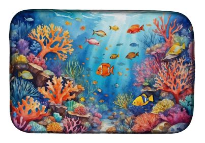 Coral and Fish Dish Drying Mat Absorbent Dish Drying Mat Pad for Kitchen Counter Dish Drainer Mat for Countertop, 14 x 21", Multicolor