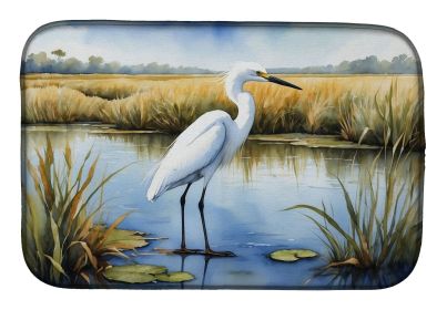 Snowy Egret in Coastal Marshes Dish Drying Mat Absorbent Dish Drying Mat Pad for Kitchen Counter Dish Drainer Mat for Countertop, 14 x 21", Multicolor