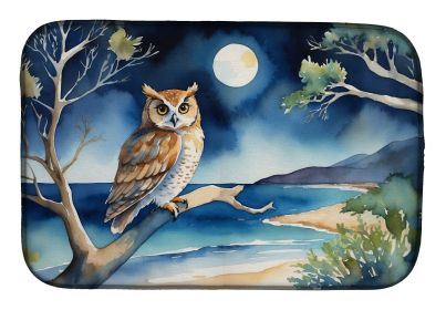 Owl Perched in Coastal Tree Dish Drying Mat Absorbent Dish Drying Mat Pad for Kitchen Counter Dish Drainer Mat for Countertop, 14 x 21", Multicolor