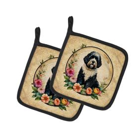 Portuguese Water Dog and Flowers Pair of Pot Holders Kitchen Heat Resistant Pot Holders Sets Oven Hot Pads for Cooking Baking BBQ, 7 1/2 x 7 1/2