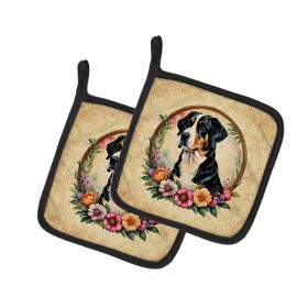 Greater Swiss Mountain Dog and Flowers Pair of Pot Holders Kitchen Heat Resistant Pot Holders Sets Oven Hot Pads for Cooking Baking BBQ, 7 1/2 x 7 1/2