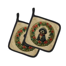 Portuguese Water Dog Christmas Flowers Pair of Pot Holders Kitchen Heat Resistant Pot Holders Sets Oven Hot Pads for Cooking Baking BBQ, 7 1/2 x 7 1/2