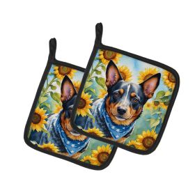 Australian Cattle Dog in Sunflowers Pair of Pot Holders Kitchen Heat Resistant Pot Holders Sets Oven Hot Pads for Cooking Baking BBQ, 7 1/2 x 7 1/2