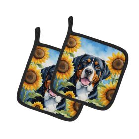 Greater Swiss Mountain Dog in Sunflowers Pair of Pot Holders Kitchen Heat Resistant Pot Holders Sets Oven Hot Pads for Cooking Baking BBQ