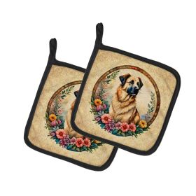 Anatolian Shepherd Dog and Flowers Pair of Pot Holders Kitchen Heat Resistant Pot Holders Sets Oven Hot Pads for Cooking Baking BBQ, 7 1/2 x 7 1/2