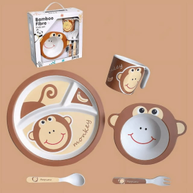 Uervoton 5 Pcs Mealtime Feeding Set for Kids and Toddlers-Monkey - Includes Plate, Bowl, Cup, Fork and Spoon Utensil Flatware - Durable