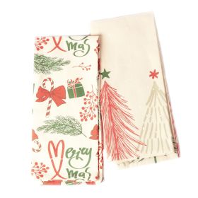 100% Cotton Merry Christmas Printed Kitchen Towels Set of 2 18x28 in Cherry Red & Green Dish Towels for Drying Dishes Kitchen Hand Towels Tea Towels D