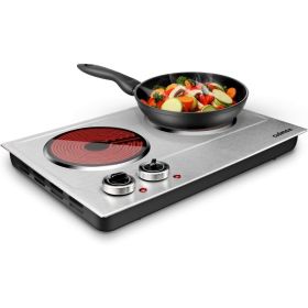 1800W Ceramic Electric Hot Plate for Cooking, Dual Control Infrared Cooktop, Double Burner, Portable Countertop Burner