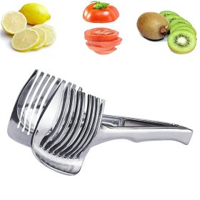 1pc Tomato Lemon Slicer Holder; Round Fruits Onion Shredder Cutter Guide Tongs With Handle; Stainless Steel Kitchen Cutting Potato Lime Food Stand (Items: Slicer)