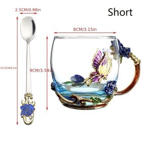 1pc Rose Enamel Crystal Tea Cup; Coffee Mug; Tumbler Butterfly Rose Painted Flower Water Cups; Clear Glass With Spoon Set (Color: Blue, size: Short)