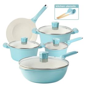 11 Pieces Pots and Pans Granite Stone Cookware Set Non Stick Pot Set, Nonstick Cooking Pots (Color: Blue)