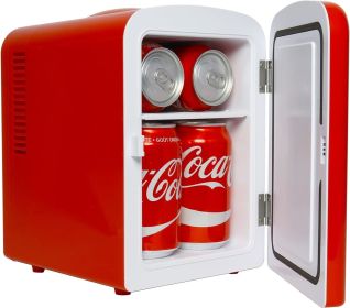 Coca-Cola Classic Coke Bottle 4L Mini Fridge w/ 12V DC and 110V AC Cords, 6 Can Portable Cooler, Personal Travel Refrigerator (Color: Red)