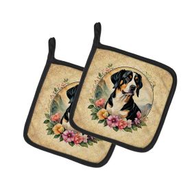 Entlebucher Mountain Dog and Flowers Pair of Pot Holders Kitchen Heat Resistant Pot Holders Sets Oven Hot Pads for Cooking Baking BBQ, 7 1/2 x 7 1/2 (default: default)